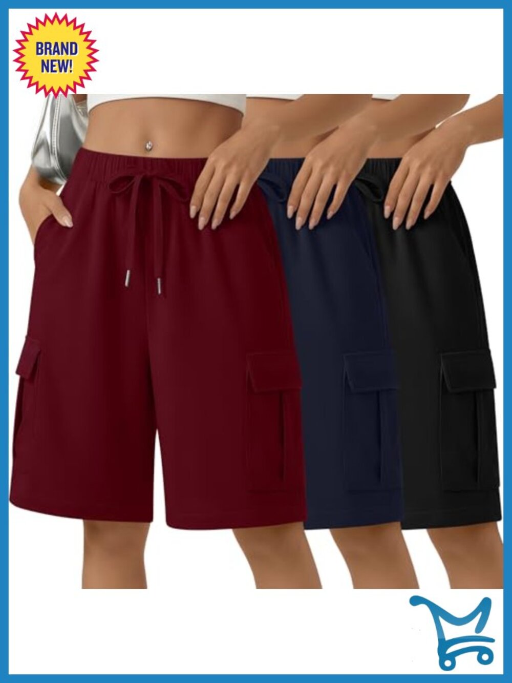 3 Pack Women's Bermuda Cargo Shorts Knee Length High Rise Stretch!